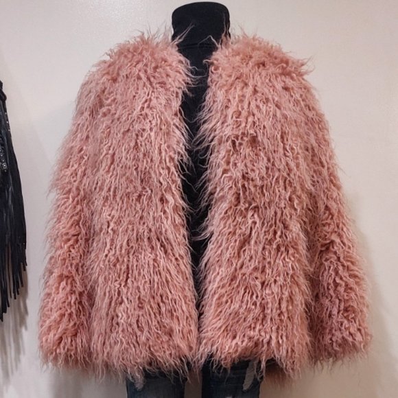 💋BOHO CHIC💋VTG 70s Style Blush Pink Faux Mongolian Curly Lamb Fur Jacket - Picture 3 of 13
